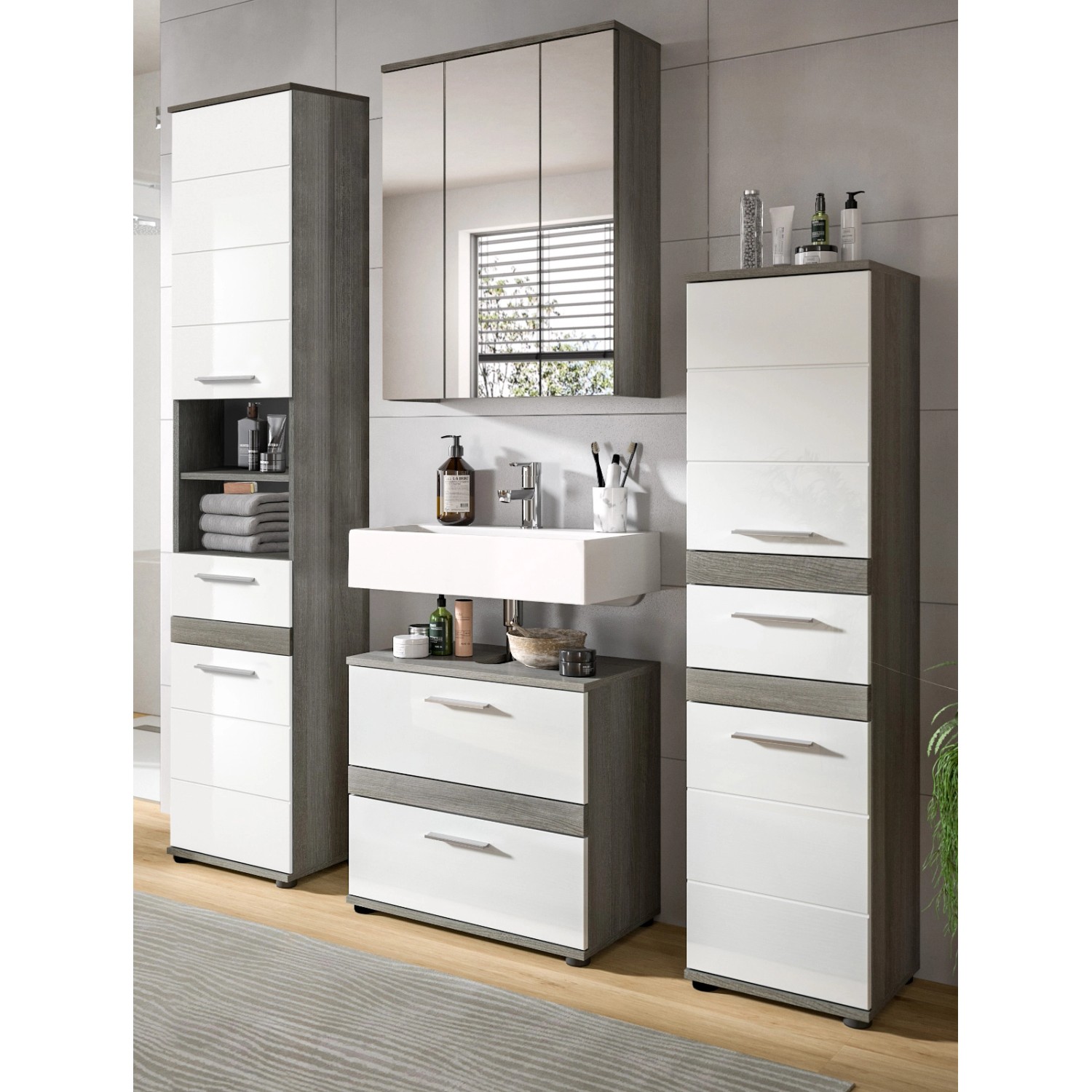 Inn.Furn Badmöbel-Set Weiß Hochglanz Grau 4-teilig 160 cm Bailey günstig online kaufen