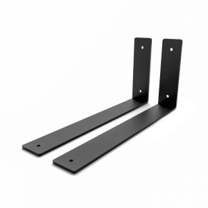 Zwei schwarze, matte HEVVA Regalwinkel FREIBERG aus Stahl, 30 cm tief, mit Bohrlöchern für Wandregale.