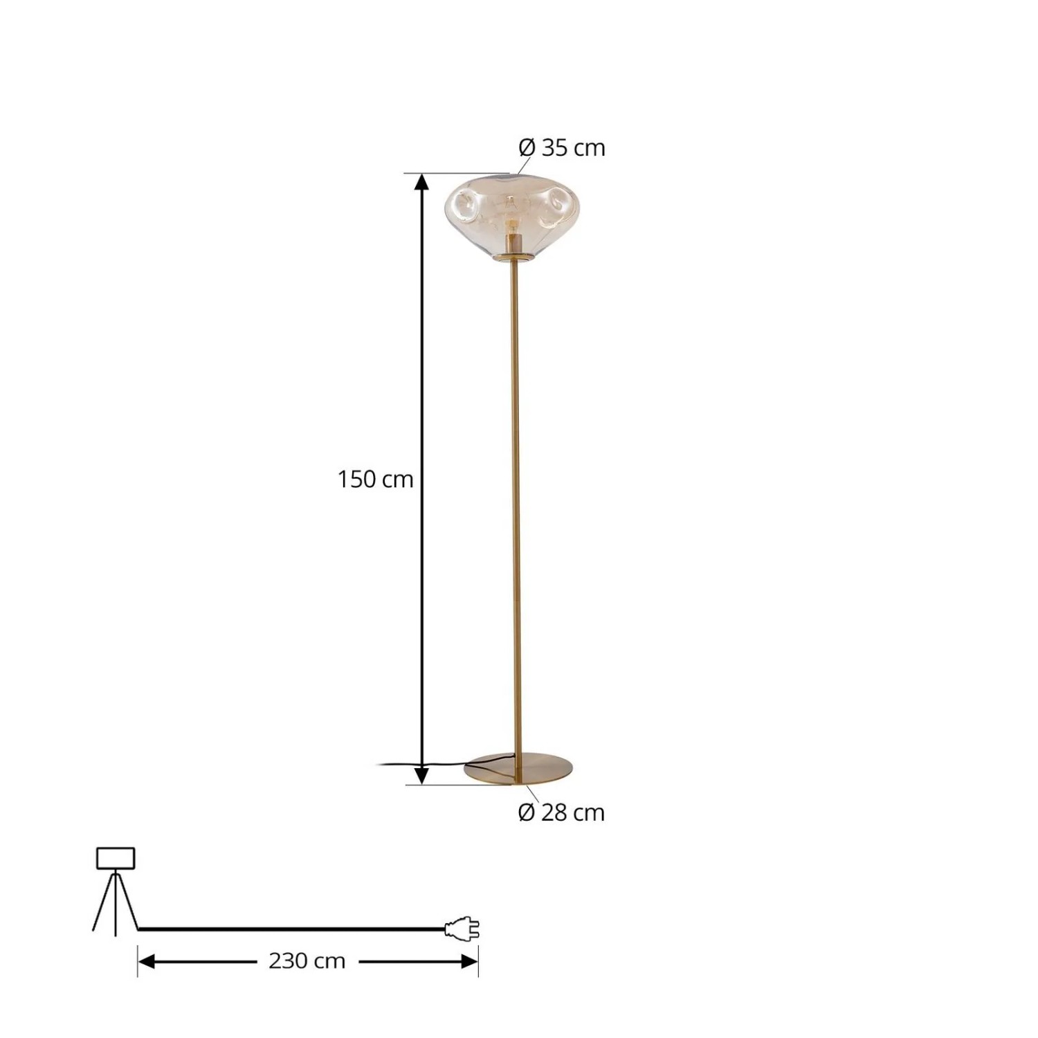 Moderne Lindby Stehlampe Lelia in Creme/Messing, 150cm hoch, mit Glasschirm. Wohnzimmerleuchte.