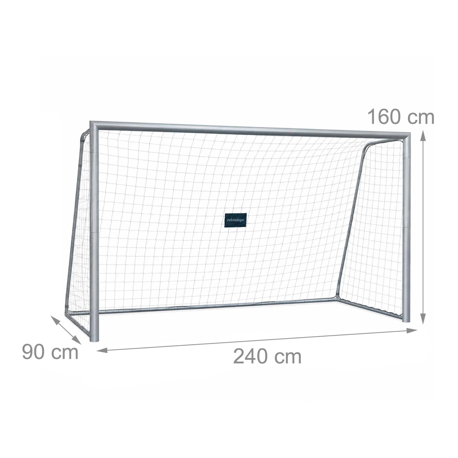 Graues Relaxdays Fußballtor aus pulverbeschichtetem Stahl mit weißem Netz, 240x160x90 cm, für Garten.