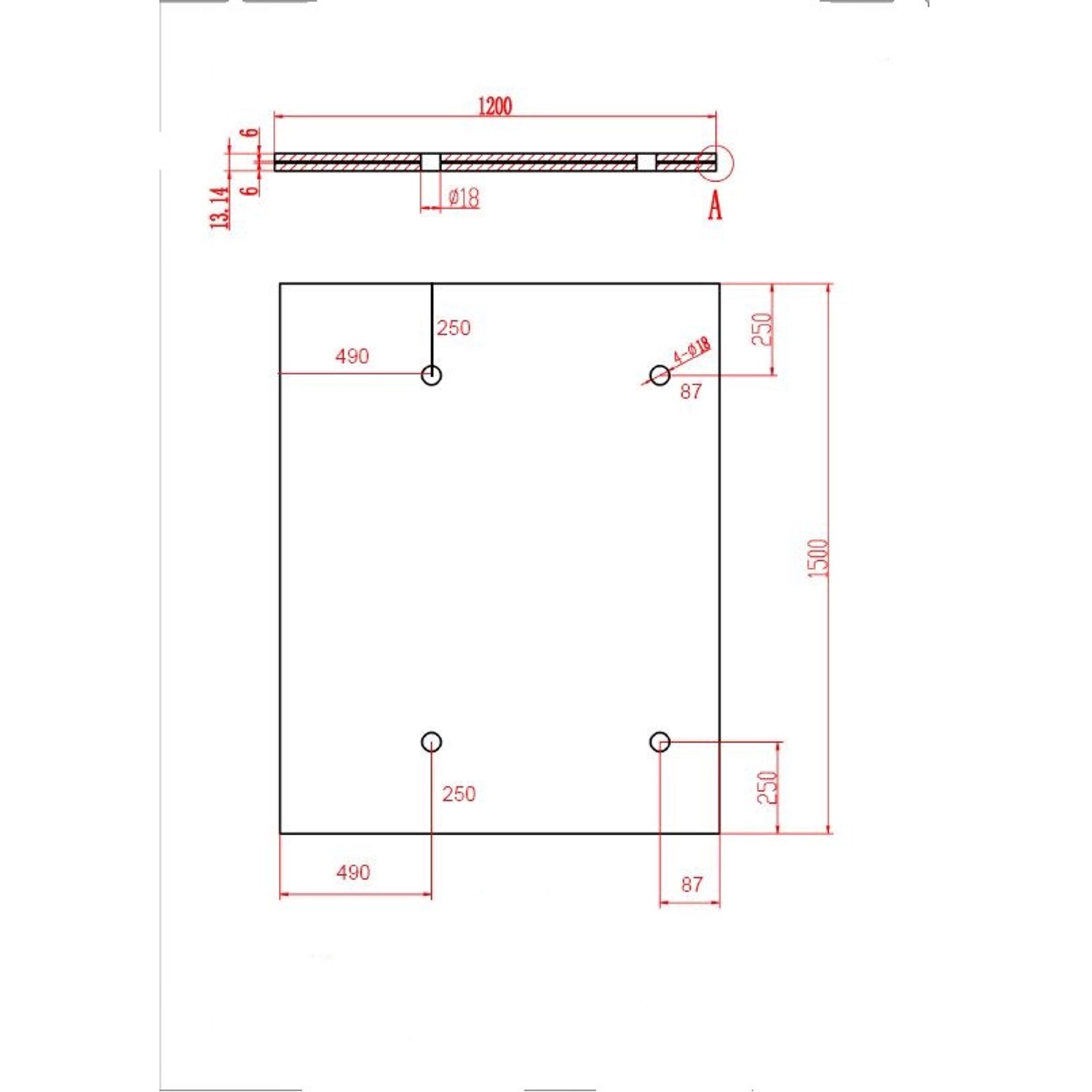 Technische Zeichnung Glasvordach Zugspitze, Grauglas VS-Glas, 150x120 cm, Maße und Bohrungen.