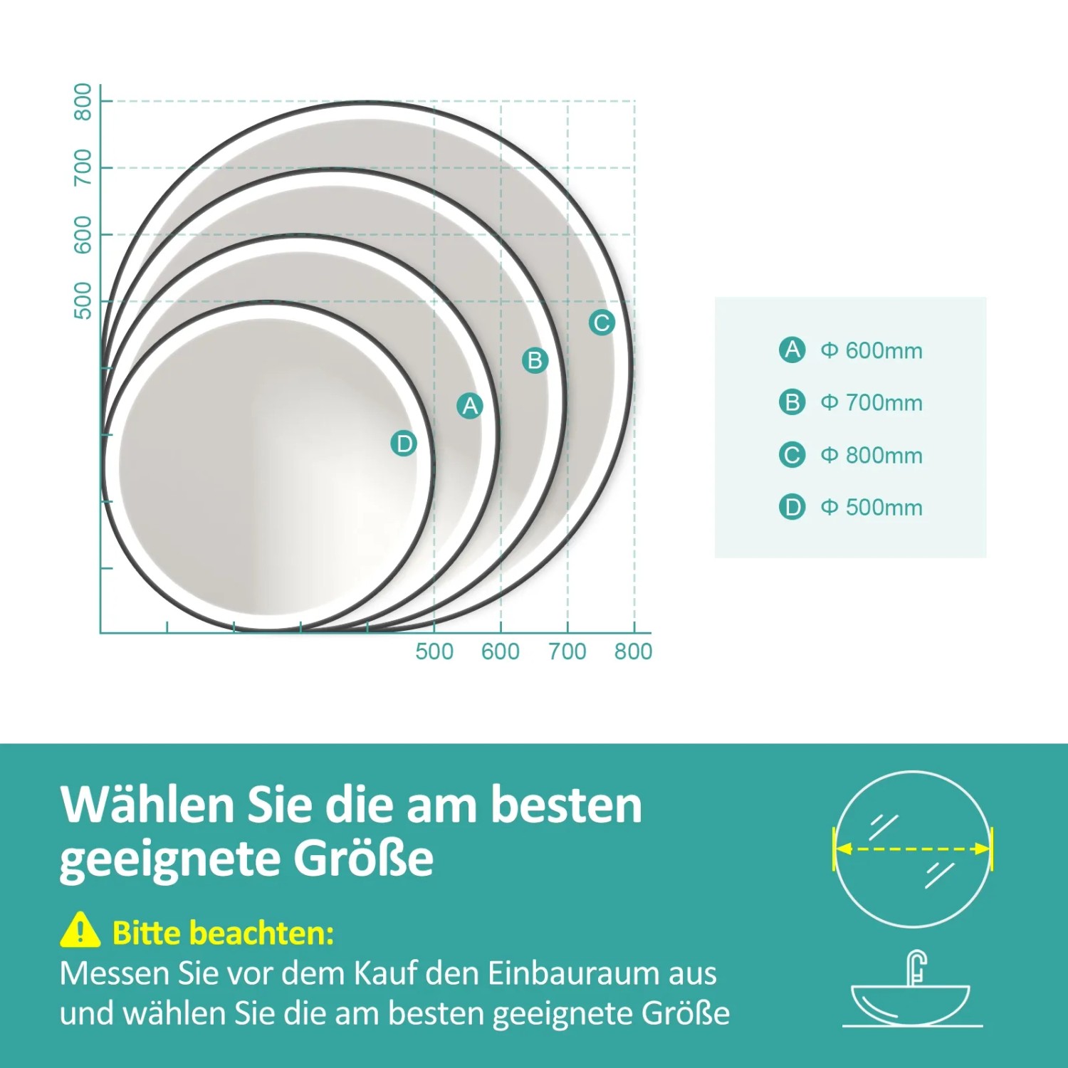Emke Badspiegel Größenvergleich: 500, 600, 700, 800 mm Durchmesser.
