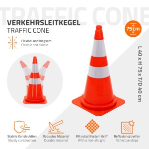 Oranger Verkehrsleitkegel 75 cm mit zwei reflektierenden Streifen, flexibel und robust für Absperrungen.