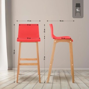 Rotes 2er Set Barhocker Hover mit Kunststoff-Sitz und hellem Holzgestell, 102x41x46 cm, Sitzhöhe 77 cm.