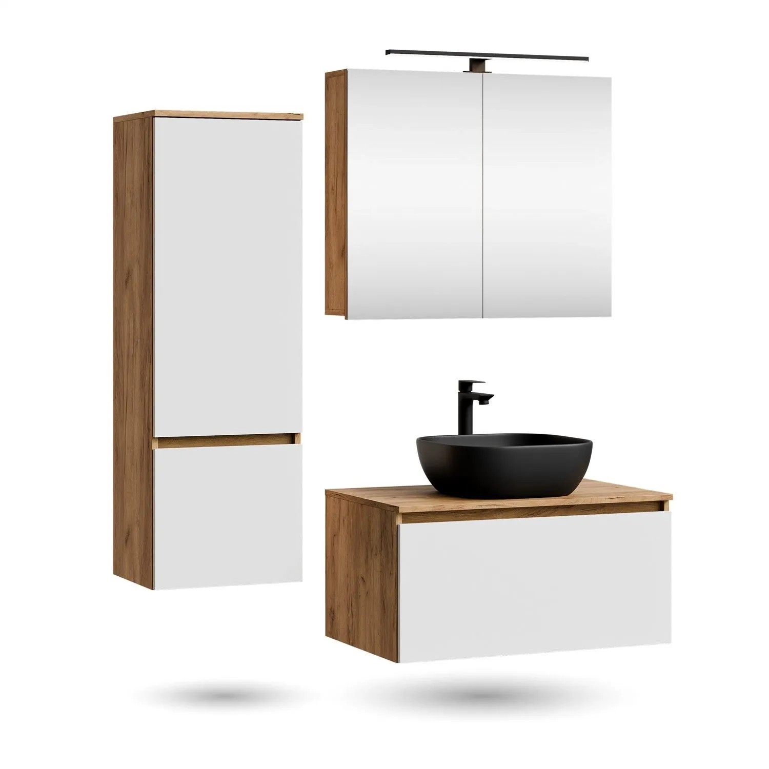 Planetmöbel ARISA Badmöbel Set 80 cm Weiß mit Hochschrank Spiegelschrank ARIA und Aufsatzwaschbecken Schwarz 42,5 cm