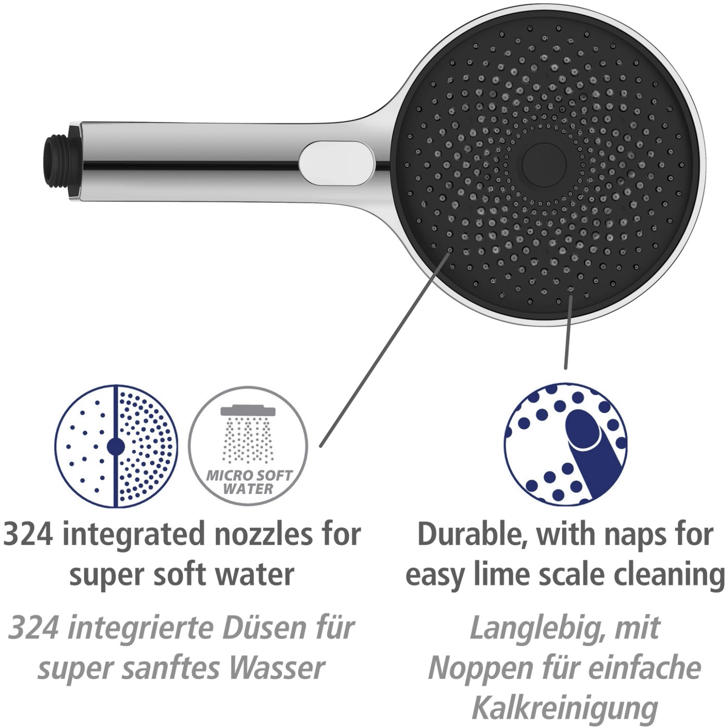 Wenko Handbrause Softwater Chrom mit Antikalk-Noppen und 324 Düsen für sanftes Wasser.