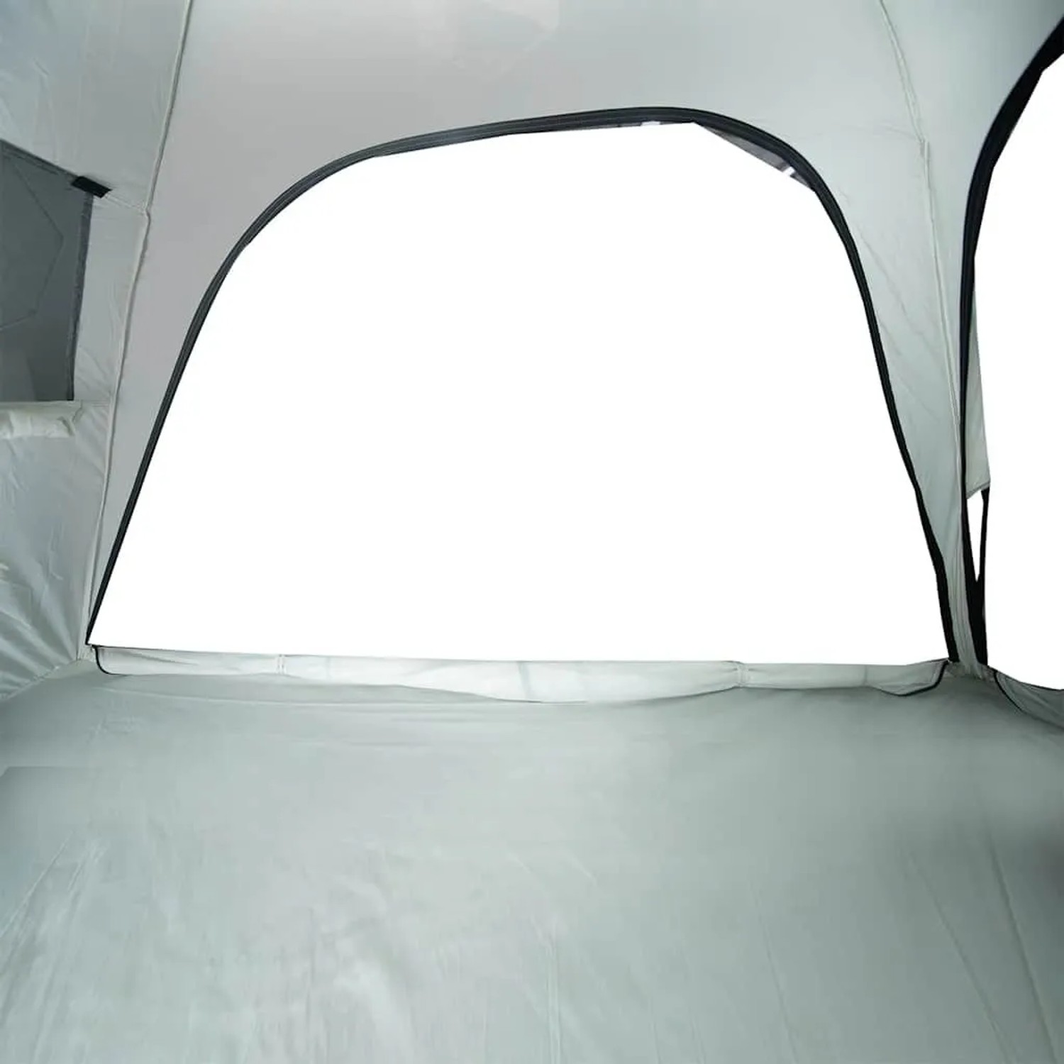 Innenansicht: Graues vidaXL Strandzelt mit offenem Eingang und Fenster.