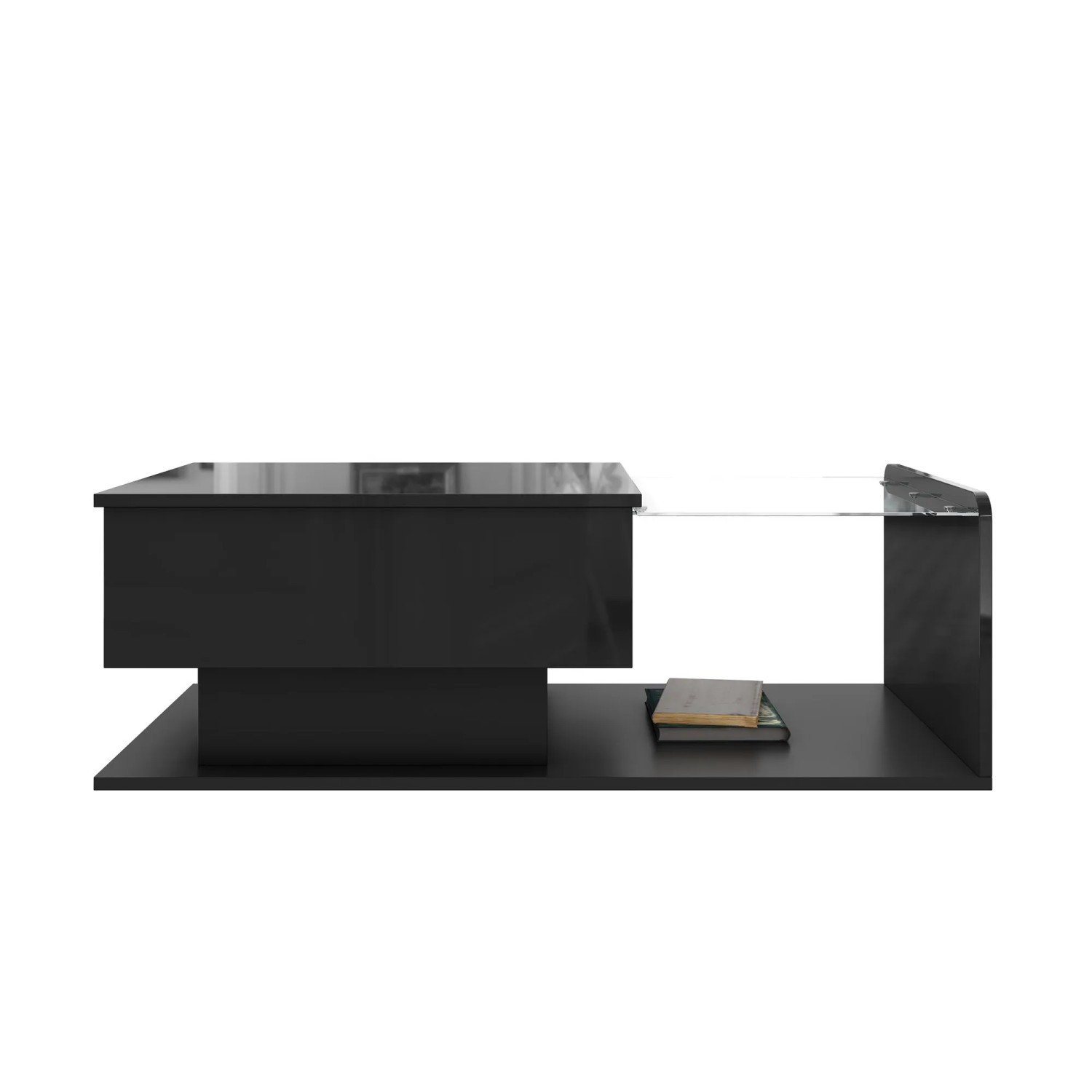 ModernLuxe Couchtisch Höhenverstellbar mit Glasplatte,ed Stauraum Spanplatte Schwarz