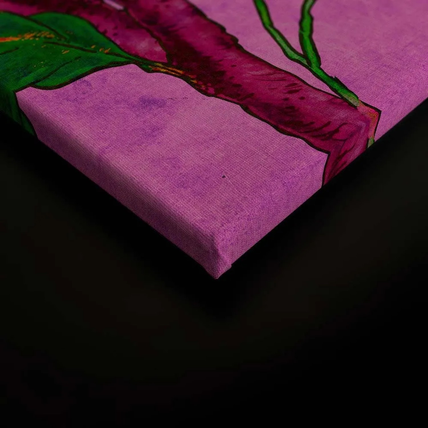 Neon Leinwandbild mit Paradiesvogel Motiv in Pink und Grün für Wohn- und Schlafzimmer.