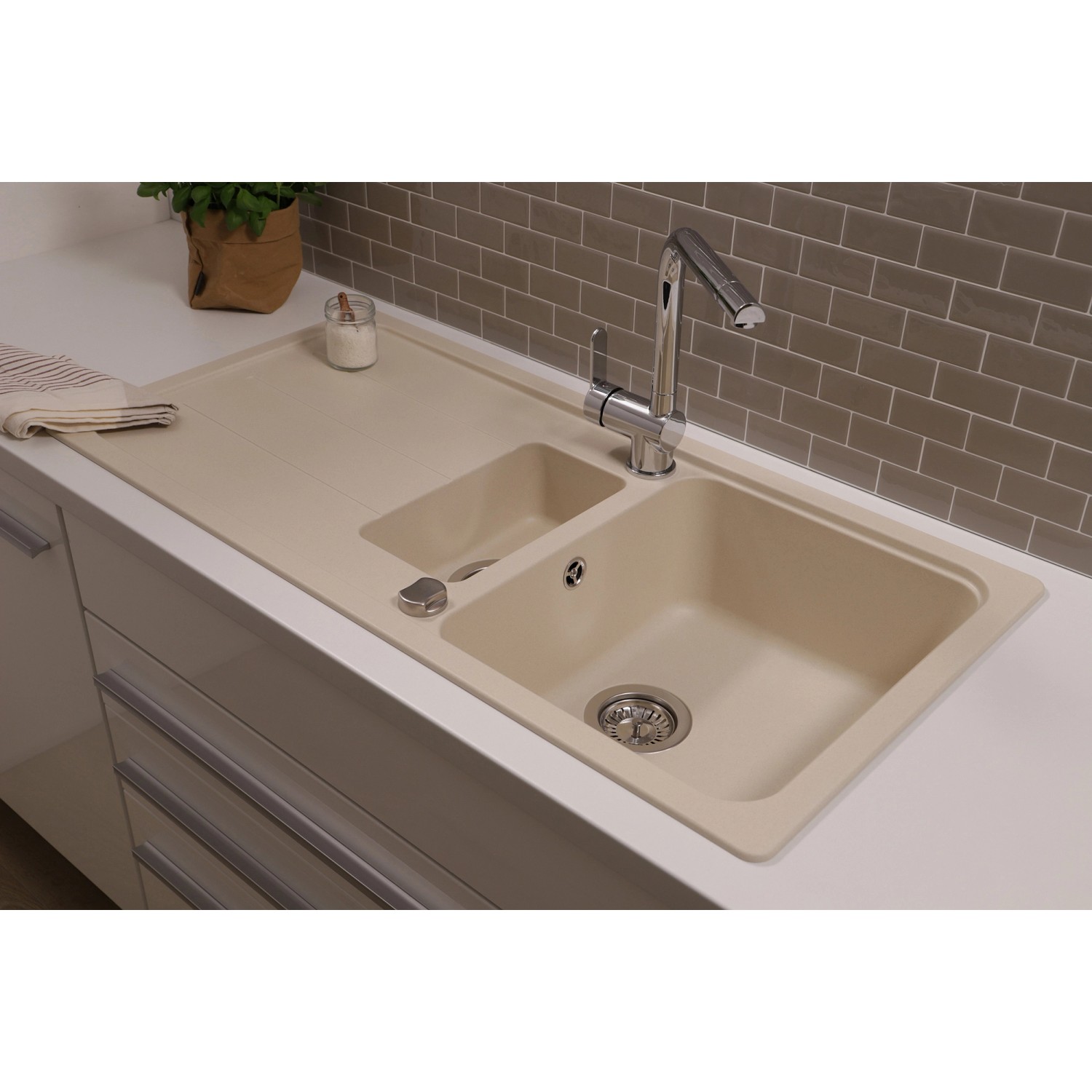 Respekta Einbauspüle Massivgranit Austin 100 cm x 50 cm mit Zusatzbecken Vanile_10