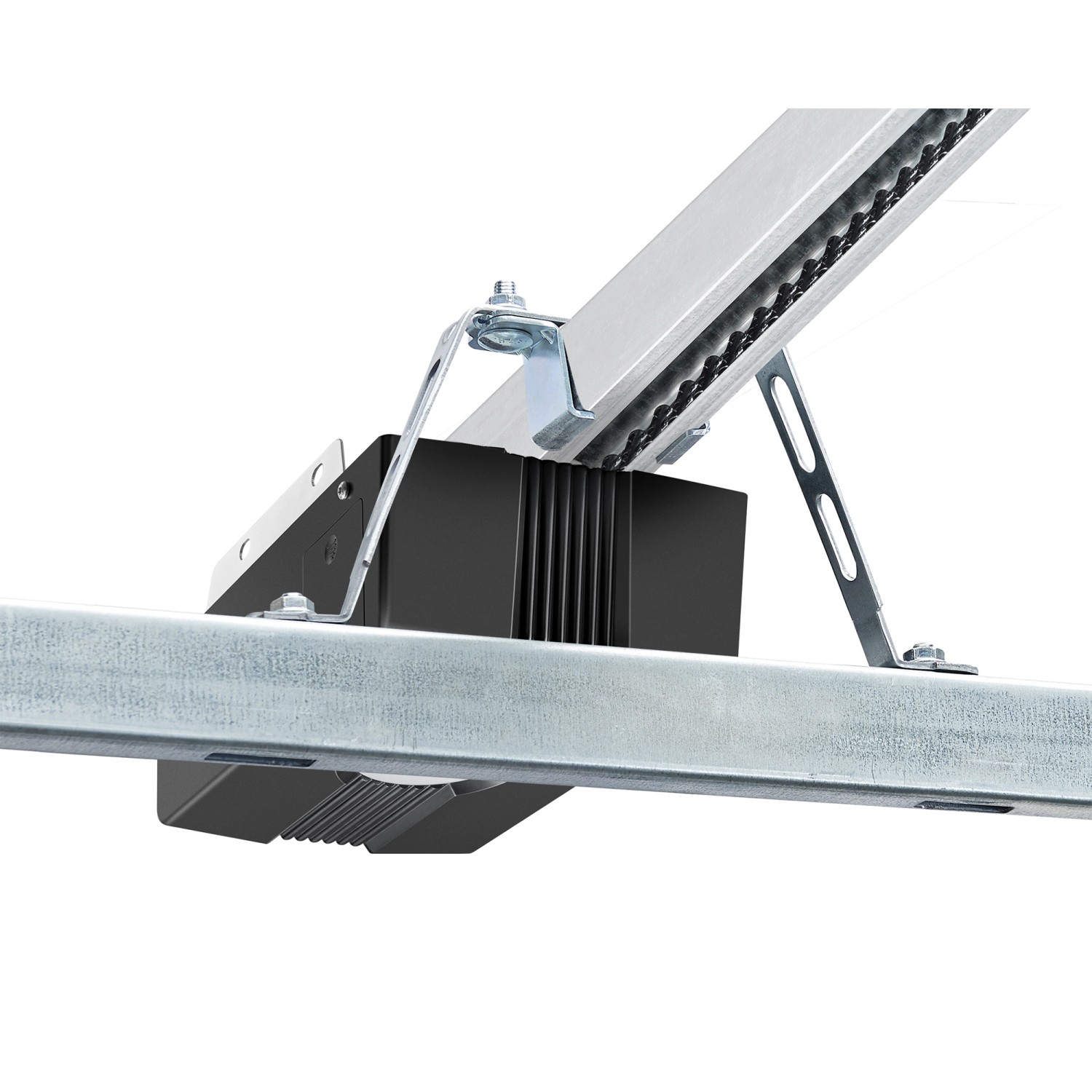 Detailaufnahme Garagentorantrieb IsoMatic, anthrazitgrau, mit Kette und Befestigung.