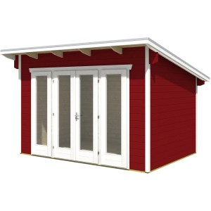 Holz-Gartenhaus Ostende in Schwedenrot mit Doppeltür und Panoramafenstern.