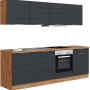 Moderne Küchenzeile in Grau-Wotaneiche Optik mit E-Geräten. Einbauküche 240 cm breit.