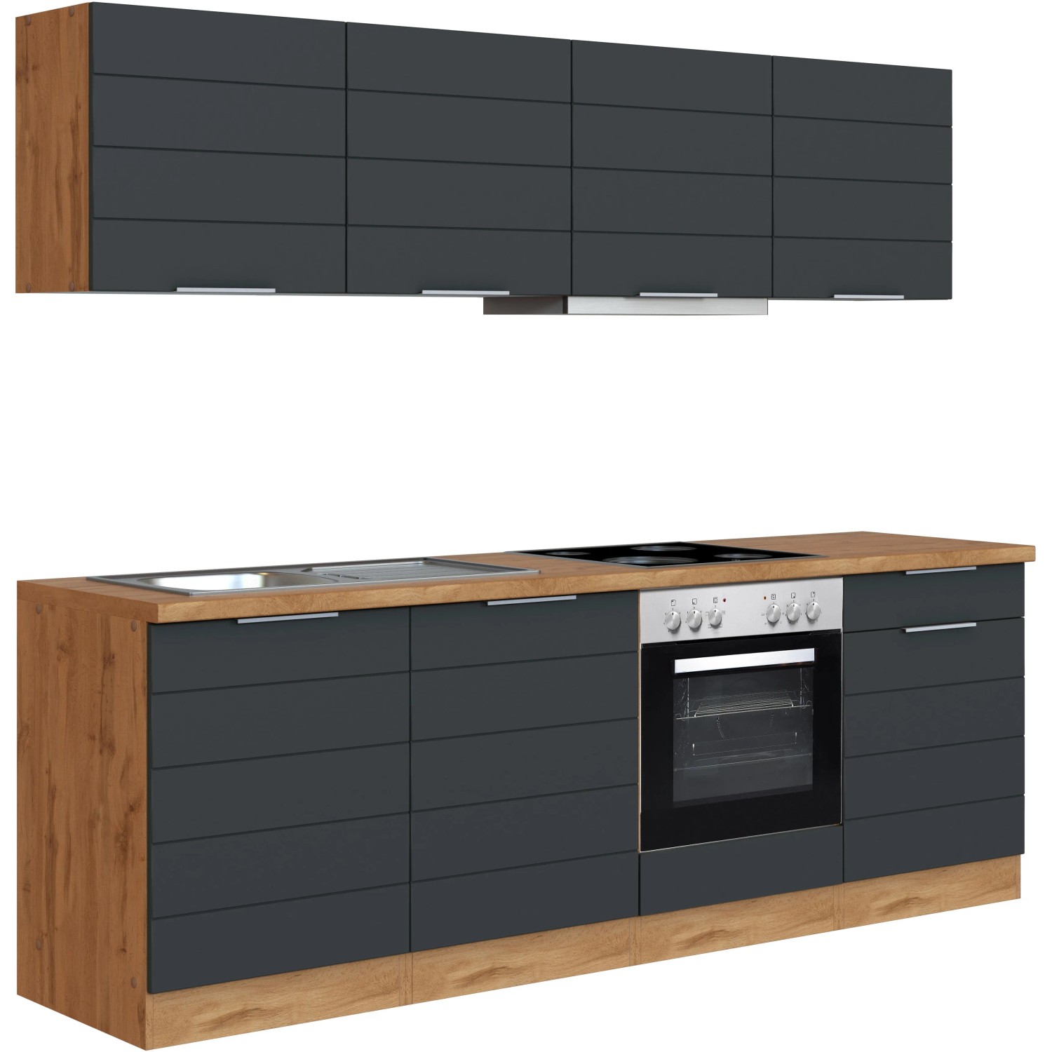 Moderne Küchenzeile in Grau-Wotaneiche Optik mit E-Geräten. Einbauküche 240 cm breit.