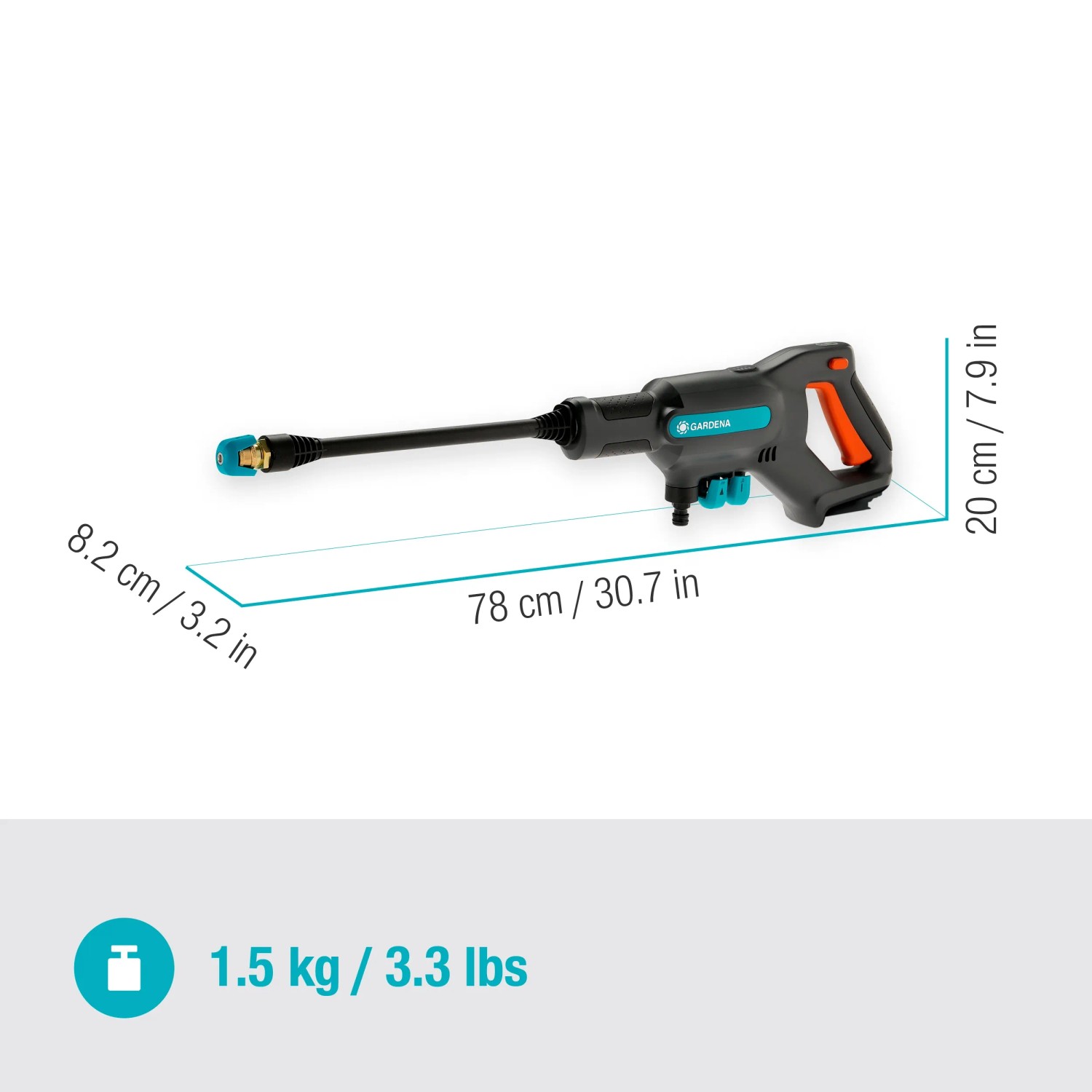 Gardena AquaClean 24/18V Akku-Mitteldruckreiniger (ohne Akku) mit Lanze und Maßen.