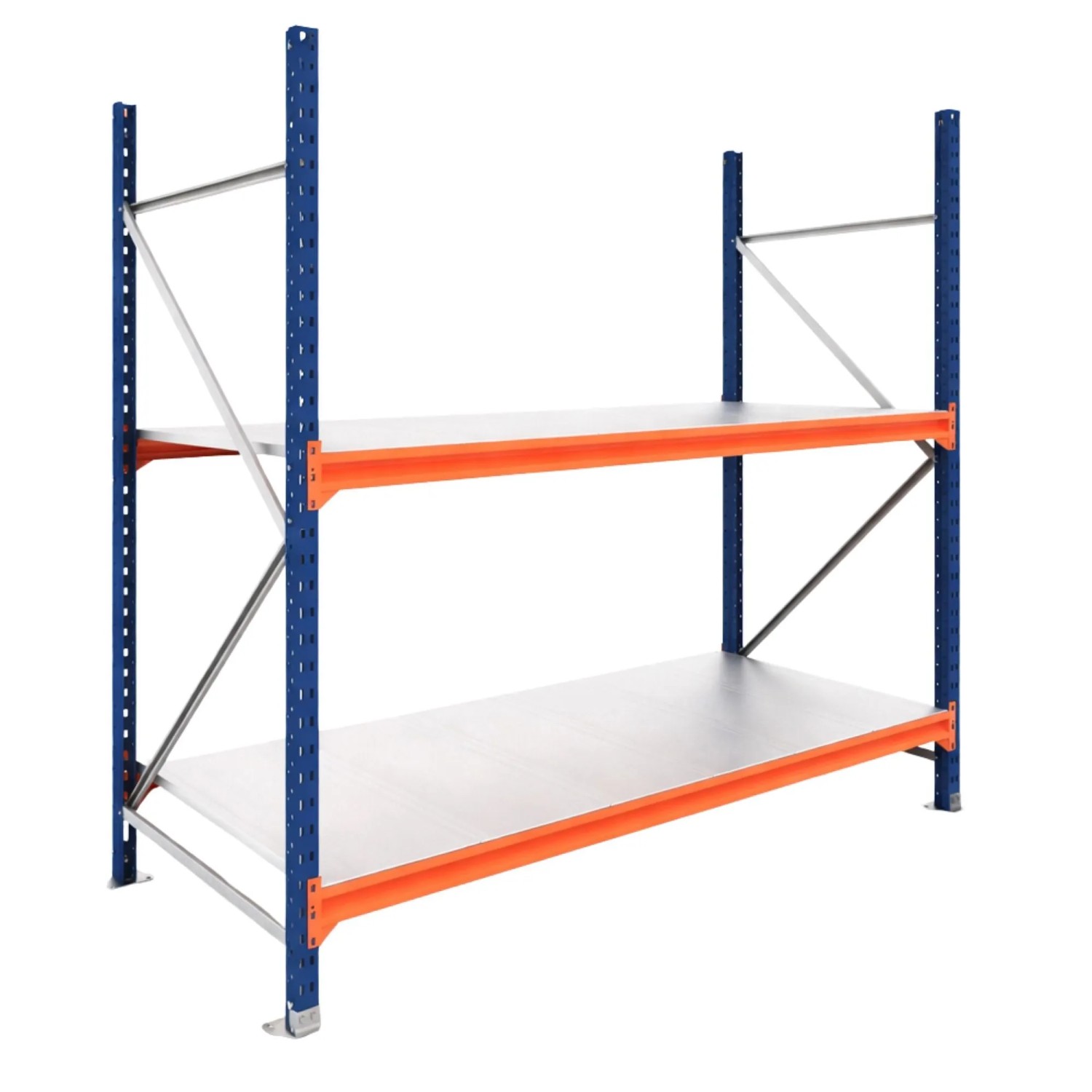 PROREGAL Weitspannregal Schwerlastregal DOMINUS Grundregal 250x240x100cm 2 Ebenen Stahlplatten-Fachboden Fachlast 332 kg Blau/Orange