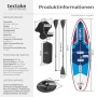 Tectake Stand Up Paddle Board Poseidon Set: blau-weißes aufblasbares SUP mit Kamerahalterung, Paddel, Kajaksitz, Rucksack. Maße.