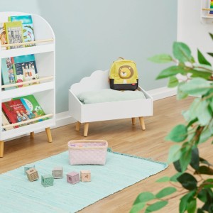 Relaxdays Kindertruhe MDF Kiefernholz Weiß Natur Offenes Design 45 cm x 58 cm x 28 cm 4,1 kg