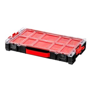 PROREGAL QBRICK Sortimentskasten Pro, 5 Liter, schwarz/rot, mit transparentem Deckel und Fächern.