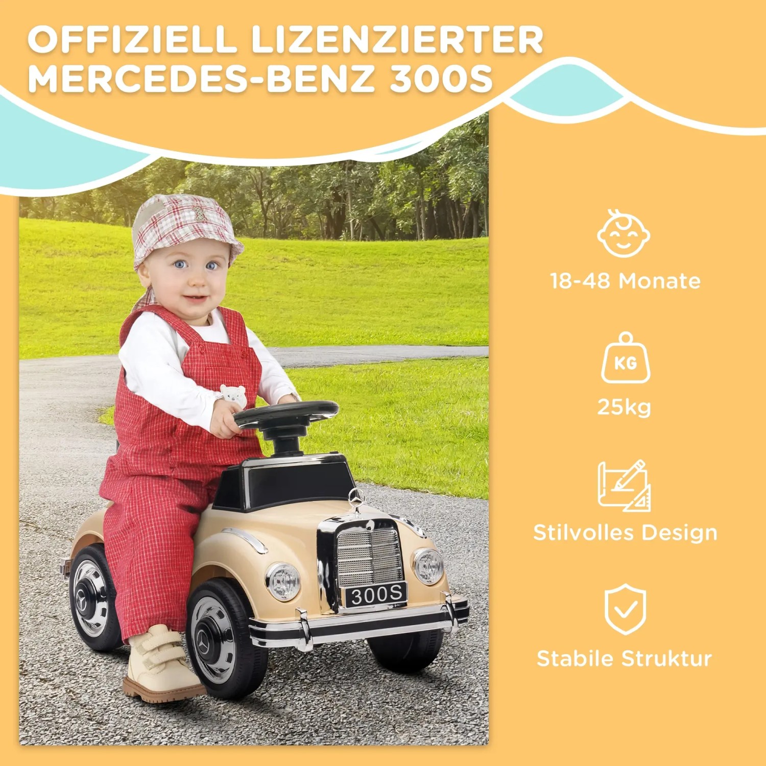Beiges AIYAPLAY Rutschauto im Mercedes-Benz 300S Design für Kinder von 18-48 Monaten.