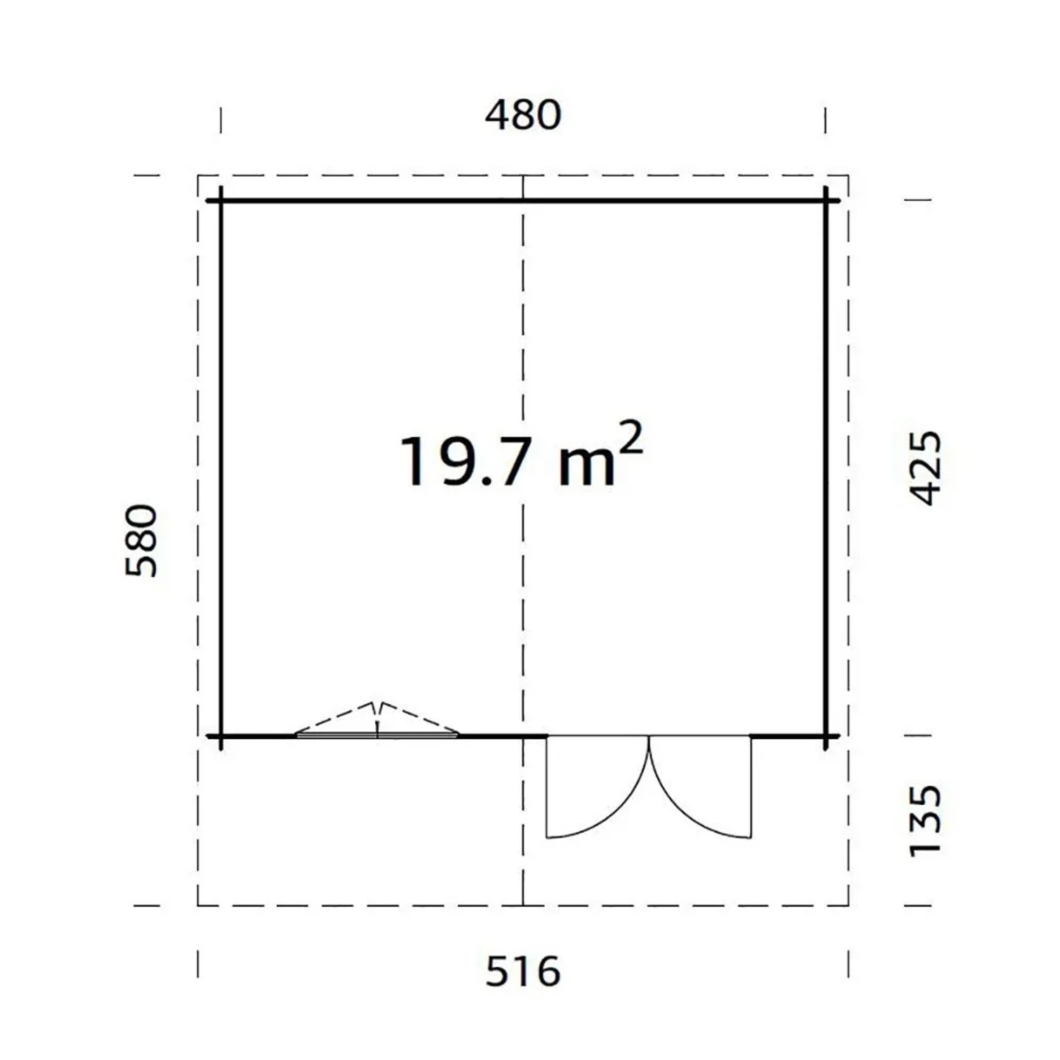 Grundriss Palmako Gartenhaus Britta, 480x425 cm, Fläche 19,7 m², Holz-Gartenhaus.