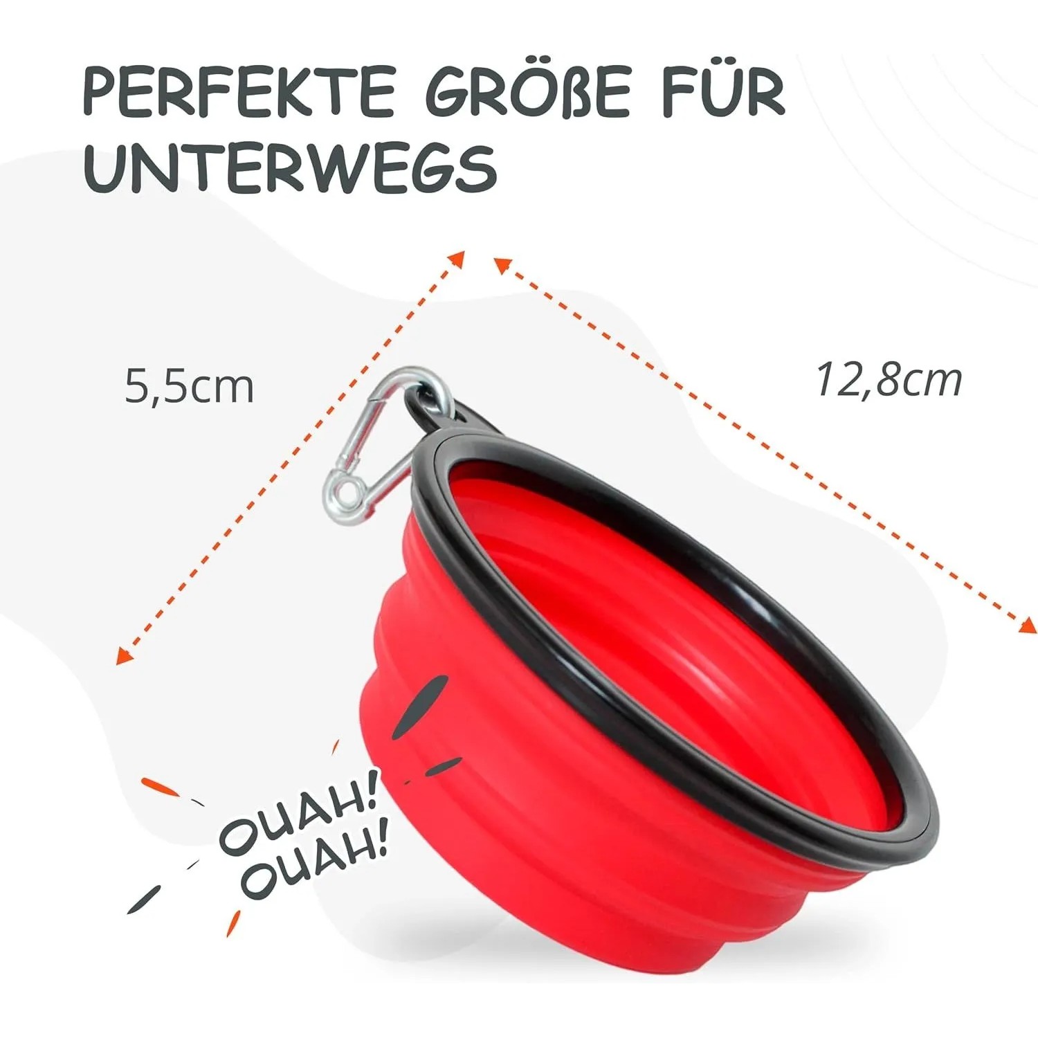 Roter, faltbarer Reisenapf für Hunde mit Karabiner, 350/1000 ml.