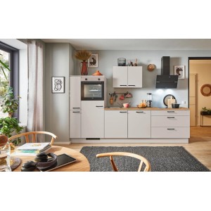 Moderne pino Küchenzeile in Kaschmirgrau mit Elektrogeräten, Spüle und Seitenschrank. Komplett ausgestattet.