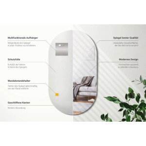 Ovaler Wallfluent Spiegel mit geschliffenen Kanten, Schutzfolie und Wandabstandshaltern. Modernes Design, reflektiert Interieur.