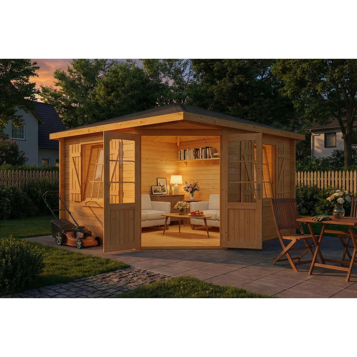 Holz-Gartenhaus Monica Royal mit Spitzdach und Anbaudach, 375x375 cm.