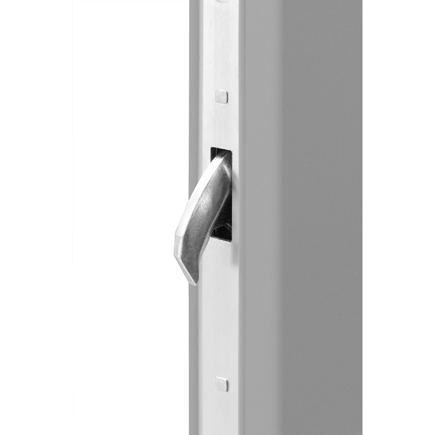 Detailaufnahme: Graue Splendoor Wohnungseingangstür BARI ACOUSTIC mit Griff und Schloss.