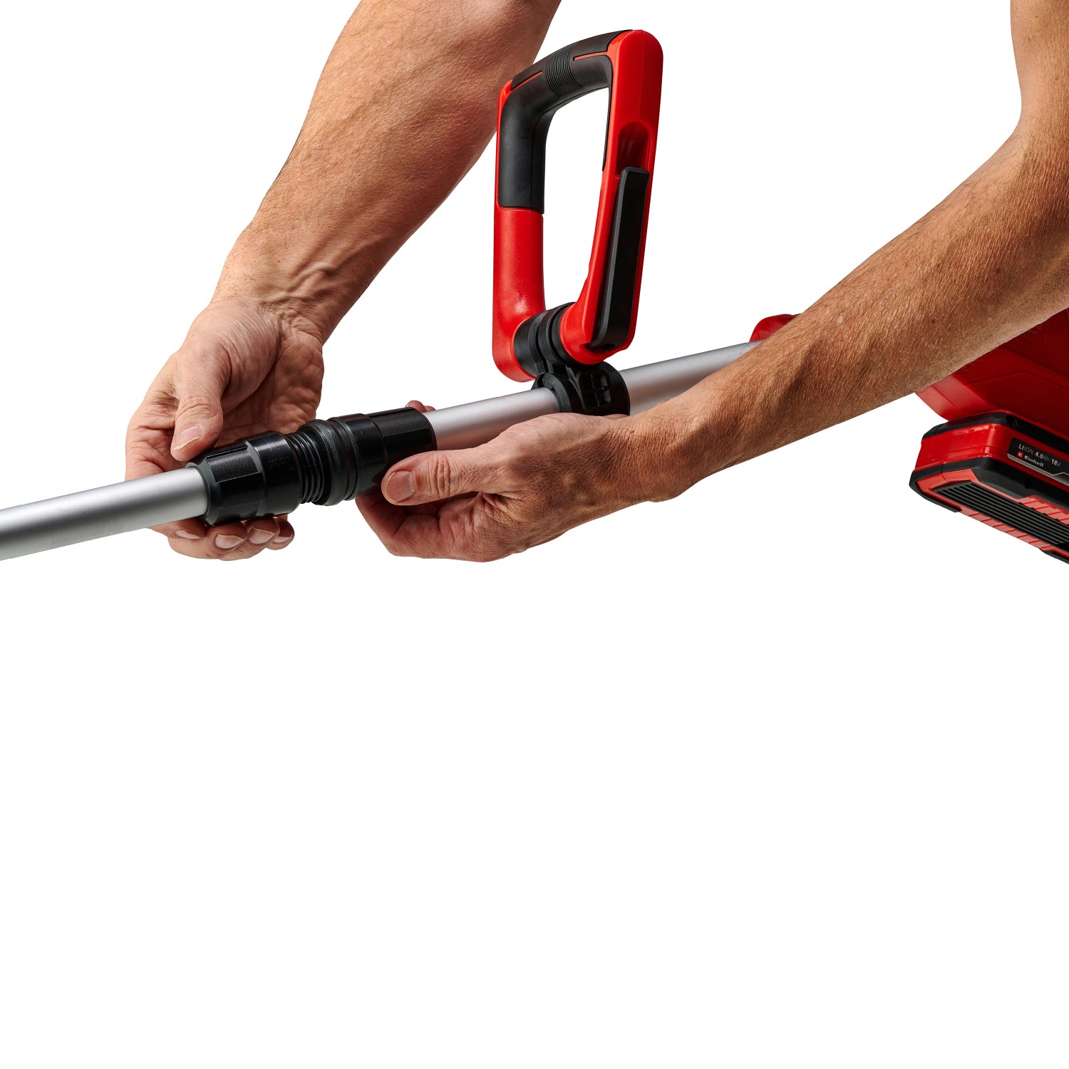 Einhell Akku-Rasentrimmer GE-CT 18/28 Li-Solo: Detailaufnahme der Holmverstellung.
