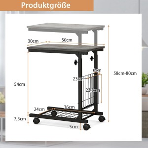 Costway Beistelltisch mit Rollen Laptoptisch Höhenverstellbar Grau