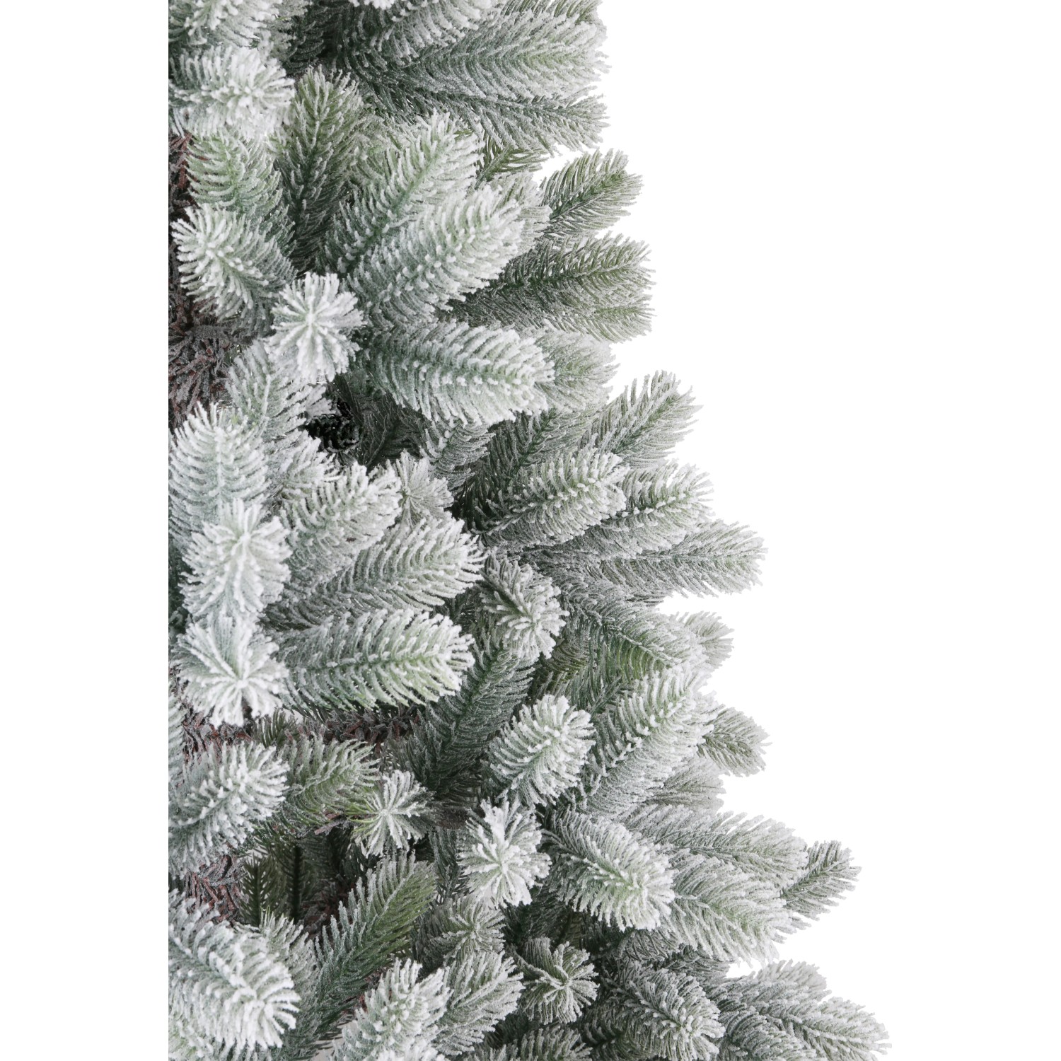 Detailaufnahme der Kunsttanne Nagano mit Kunstschnee, weiße Weihnachtsdekoration.