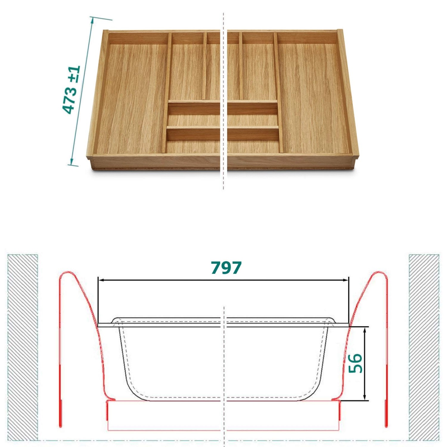 SOTECH ORGA-BOX III Eiche Besteckeinsatz 900 mm Höhe 56 mm Für Nobilia Ab 2013 Pronorm und Brigitte Küchen_6