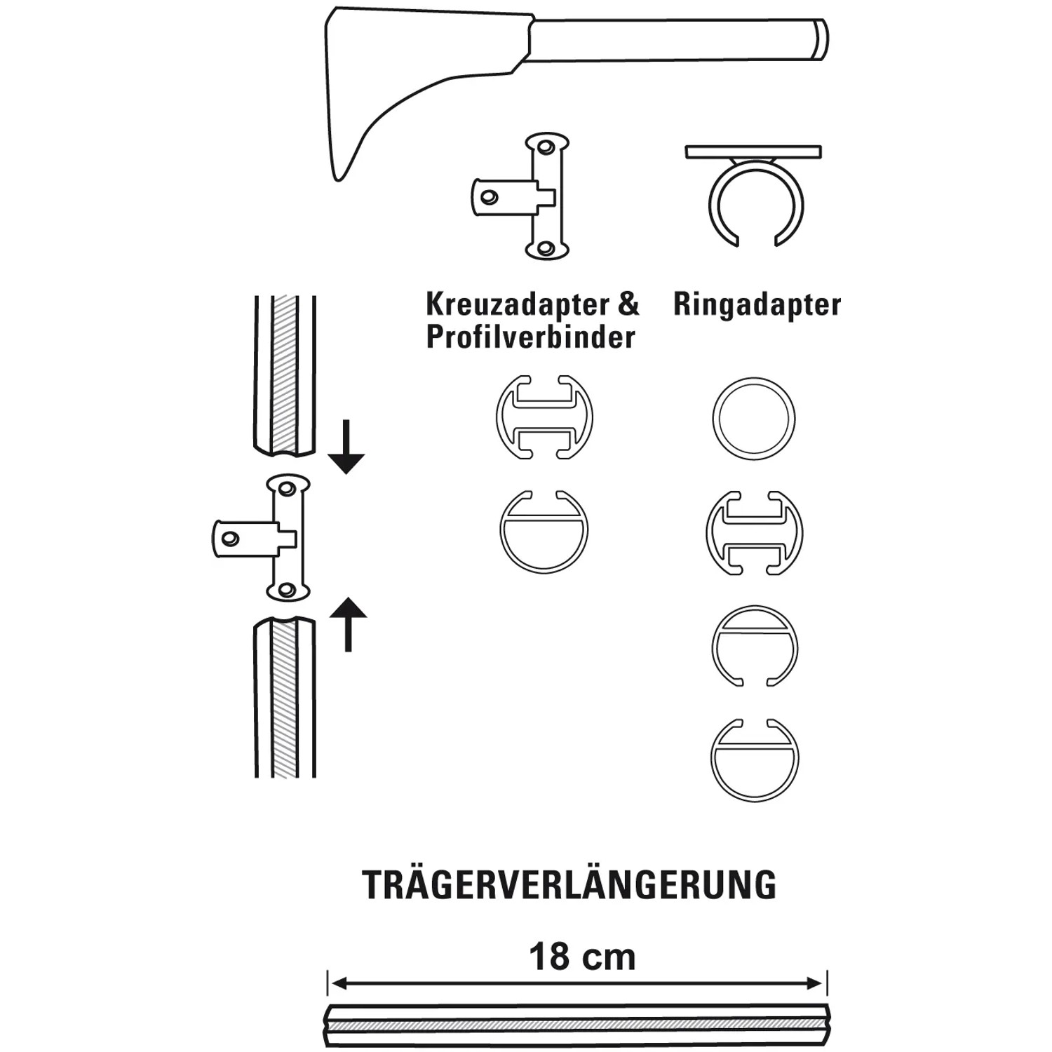 Gardinia Träger für 1/2-läufige Gardinenstange Ø 20mm, weiß, mit Adaptern und Trägerverlängerung.
