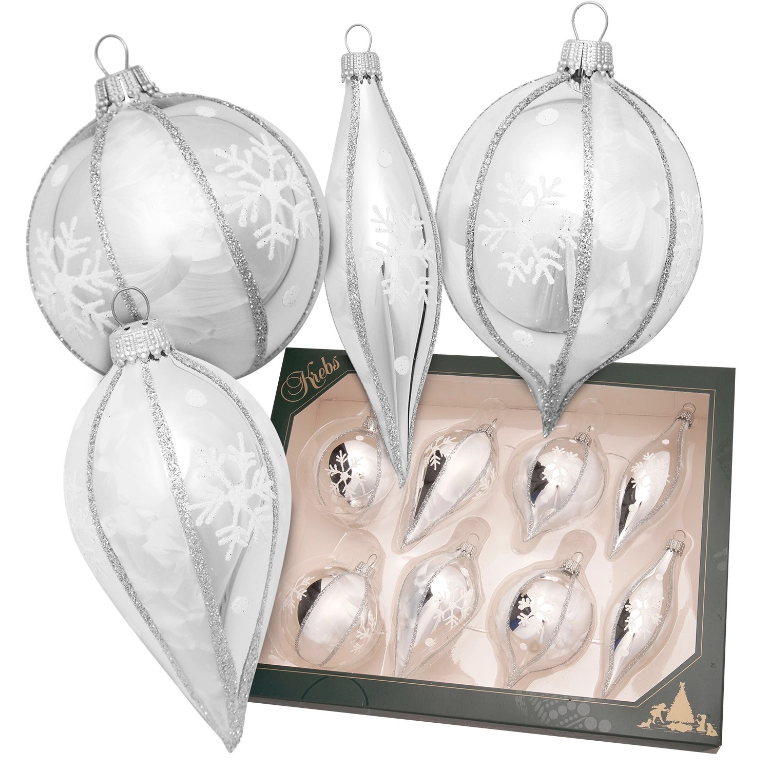 Krebs Glas Lauscha Weihnachtskugeln Sortiment Eislack Silberfarbig 7cm