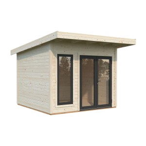 Unbehandeltes Palmako Holz-Gartenhaus mit Pultdach, Fenster und Doppeltür. 296x300 cm, 8,4 m².