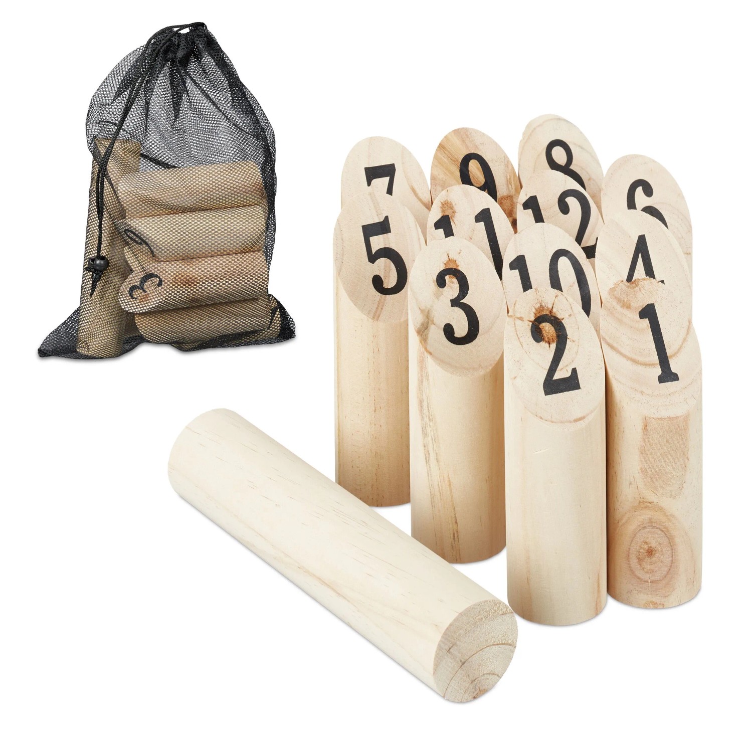Relaxdays Kubb Wikingerspiel Kiefernholz Natur Schwarz mit Tasche 22,5 cm x 4,5 cm