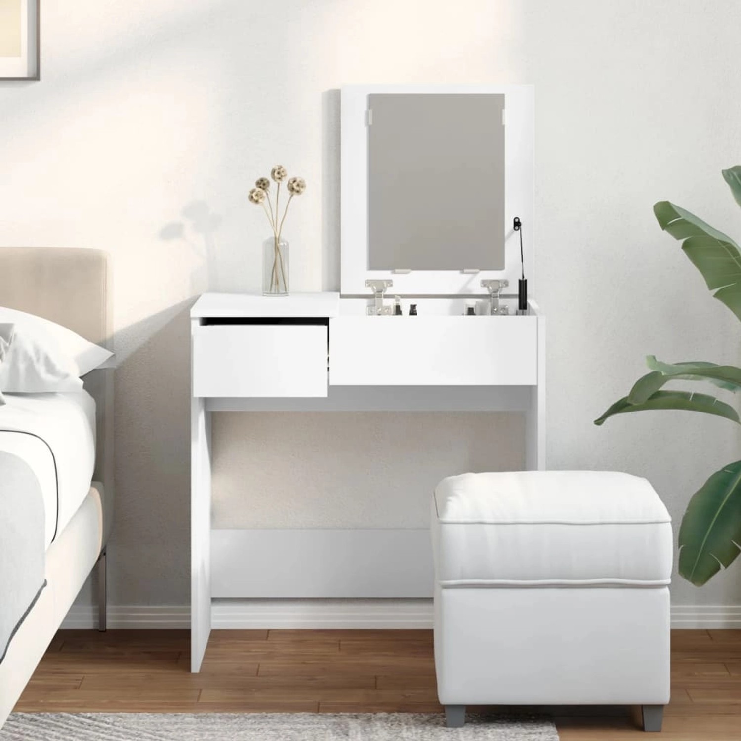Weißer vidaXL Schminktisch mit Spiegel, Schublade und Hocker im Schlafzimmer.