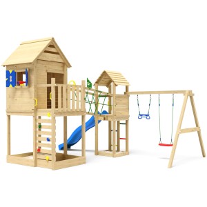 Jungle Gym Spielturm Retreat mit Doppelschaukel, Rutsche und zwei Spieltürmen aus Holz.