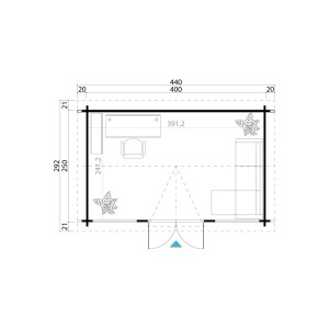 Grundriss des rot lasierten Gartenhauses Lasita Maja Kensington, 400x250 cm.