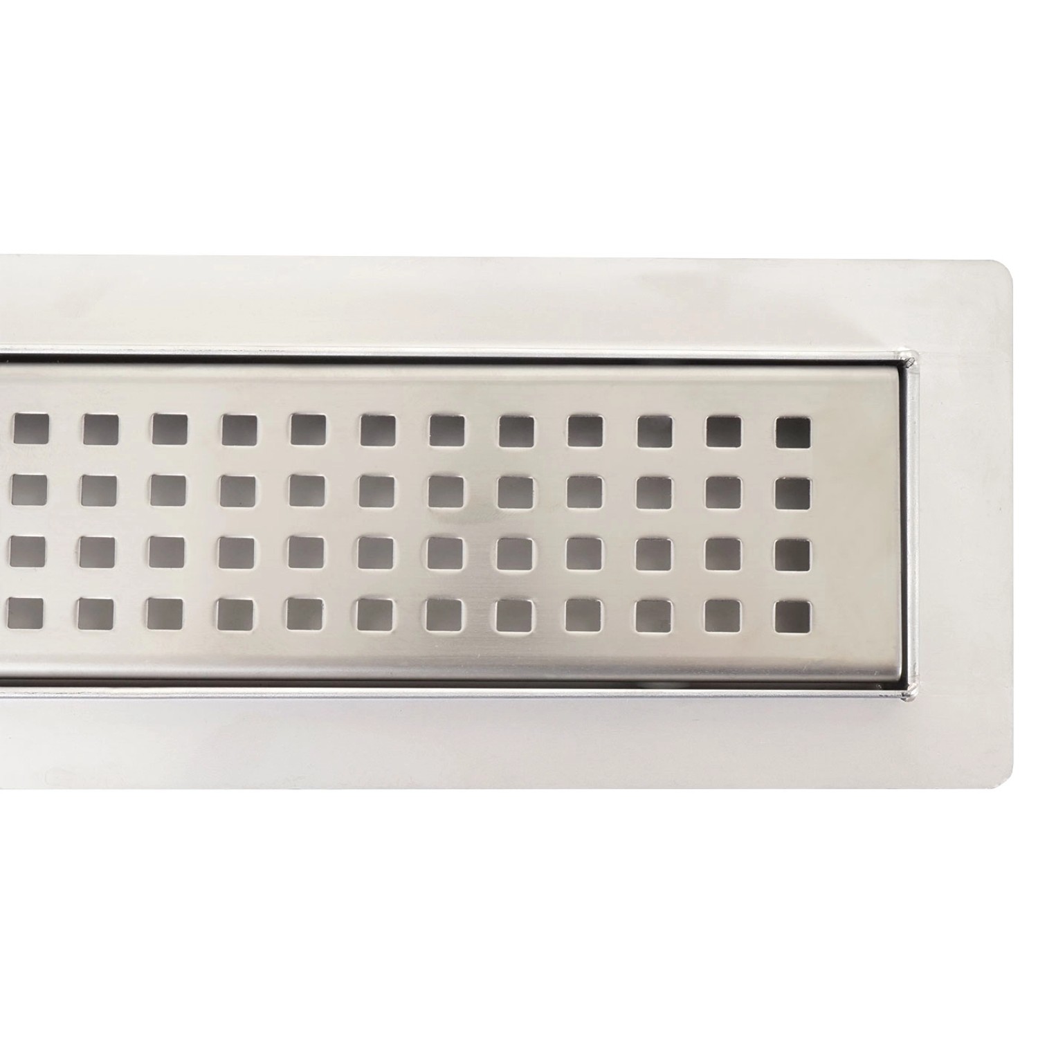 Edelstahl Duschrinne 100cm mit quadratischem Muster für ebenerdige Dusche.