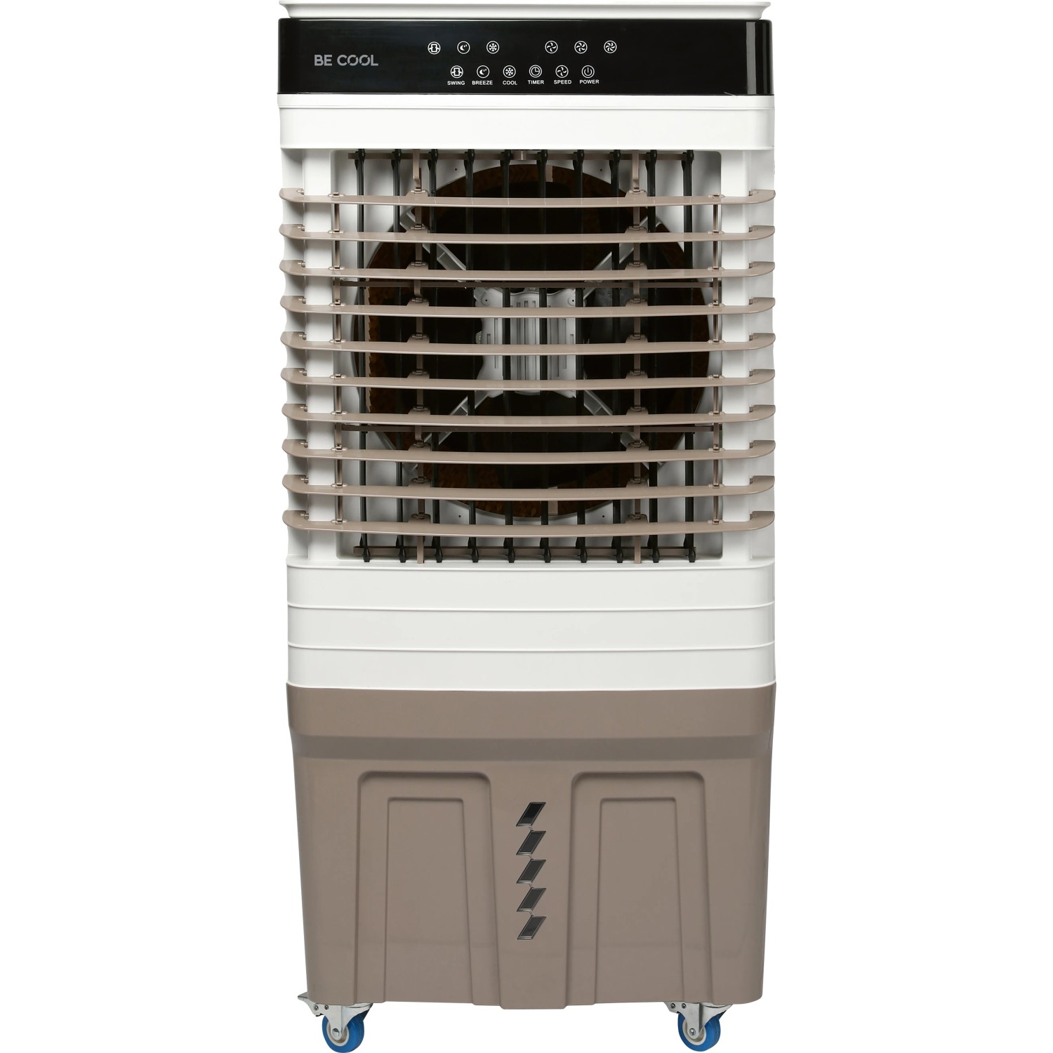 Luftkühler 60 l, weiß-braun, mit Rollen und LED-Display. Mobiles Klimagerät für bis zu 60 m².
