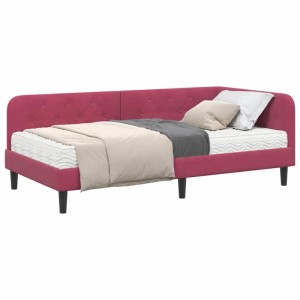 Weinrotes Samt Eckbettgestell mit Matratze, L-förmig, 90x200 cm. Modernes Einzelbett für Schlafzimmer.
