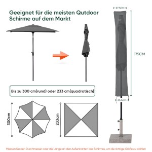 Sekey Schutzhülle für Sonnenschirm, 600D Oxford, passend für Balkonschirme bis 300 cm.