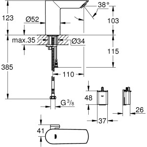 Technische Zeichnung: Grohe Infrarot-Elektronik für Waschtisch Cosmopolitan E Chrom, Maße und Details.