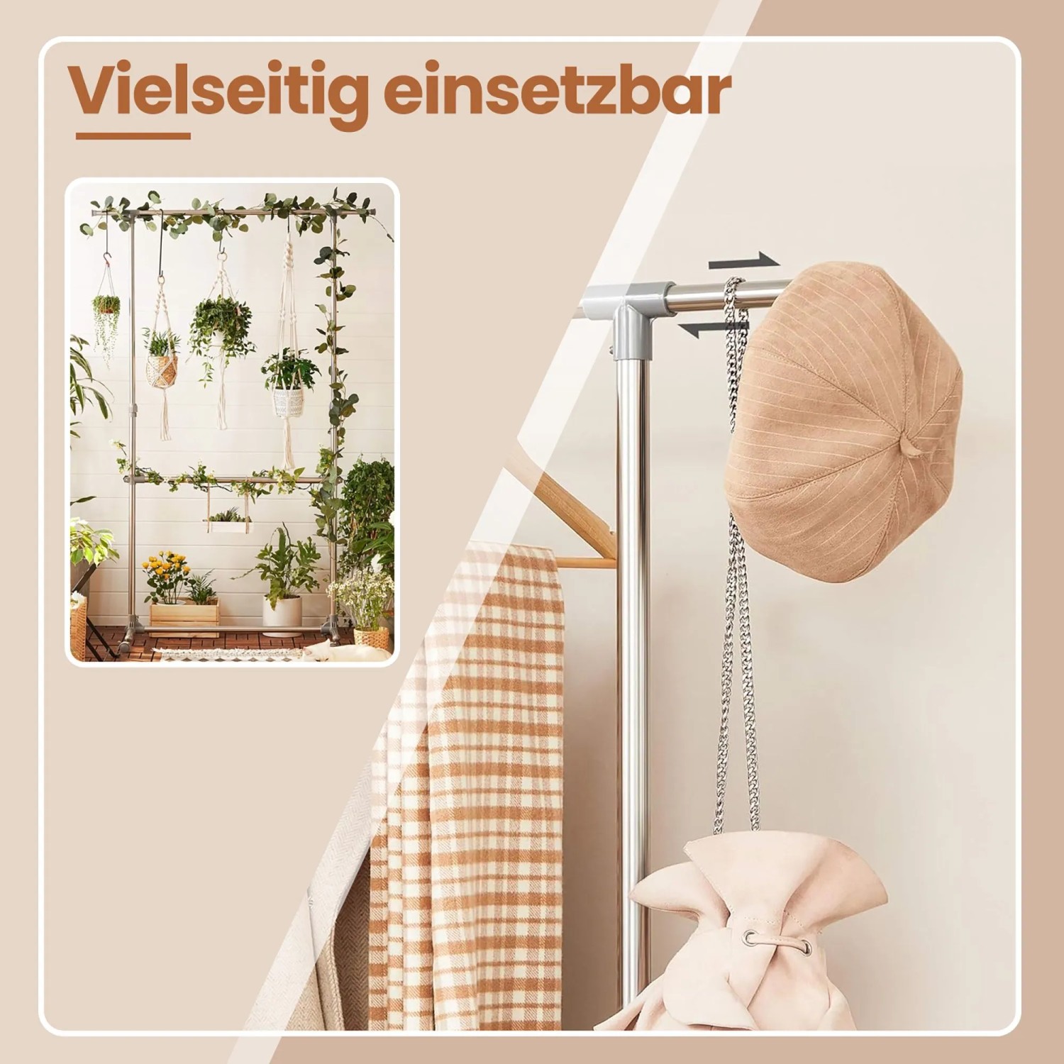 Songmics Kleiderständer Pataye mit 2 Stangen, ausziehbar, silberfarben, mit Kleidung und Accessoires.
