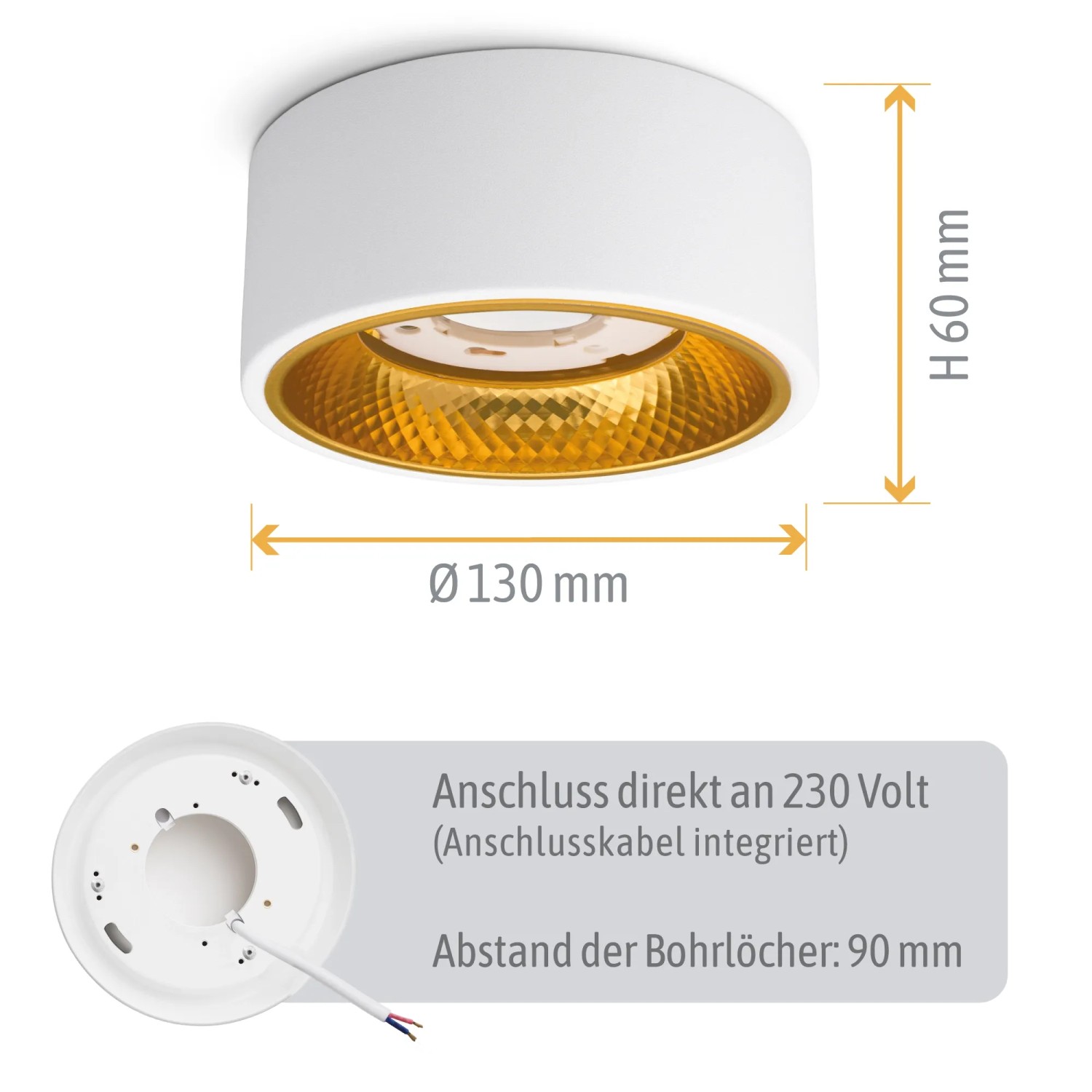 Weißer LED Aufbauspot OLINO mit goldener Blende, Maße Ø 130 x 60 mm. Ideal als Deckenlampe.