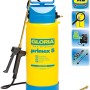 Gloria Drucksprühgerät Primex 5: Gelb-blaues Sprühgerät mit Messing-Sprühlanze und Verlängerungslanze.