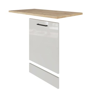 Flex-Well Geschirrspüler-Paket Lund: Lichtgraue Front, Eiche Arbeitsplatte, schwarzer Griff.